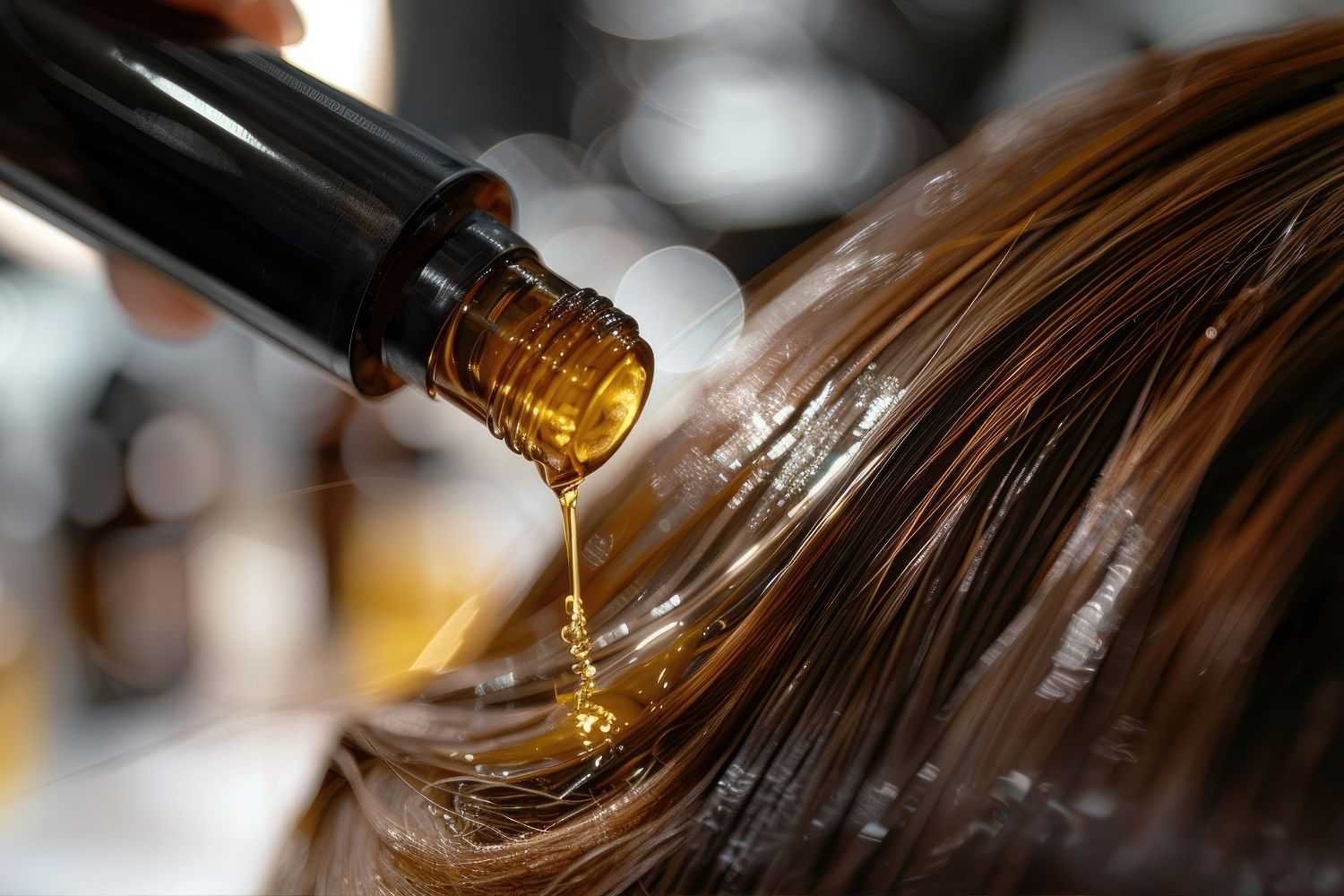 Oil being applied to the ends of brown hair for nourishment and shine.